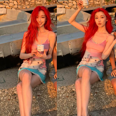 Sleeveless Sweet Kitten Print Casual Slim-fit Temperament Contrast Color Suspender Dress