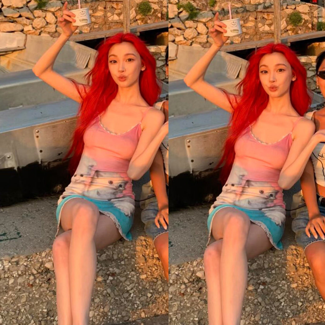 Sleeveless Sweet Kitten Print Casual Slim-fit Temperament Contrast Color Suspender Dress