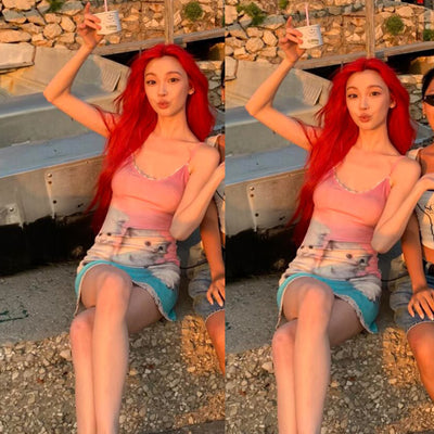 Sleeveless Sweet Kitten Print Casual Slim-fit Temperament Contrast Color Suspender Dress