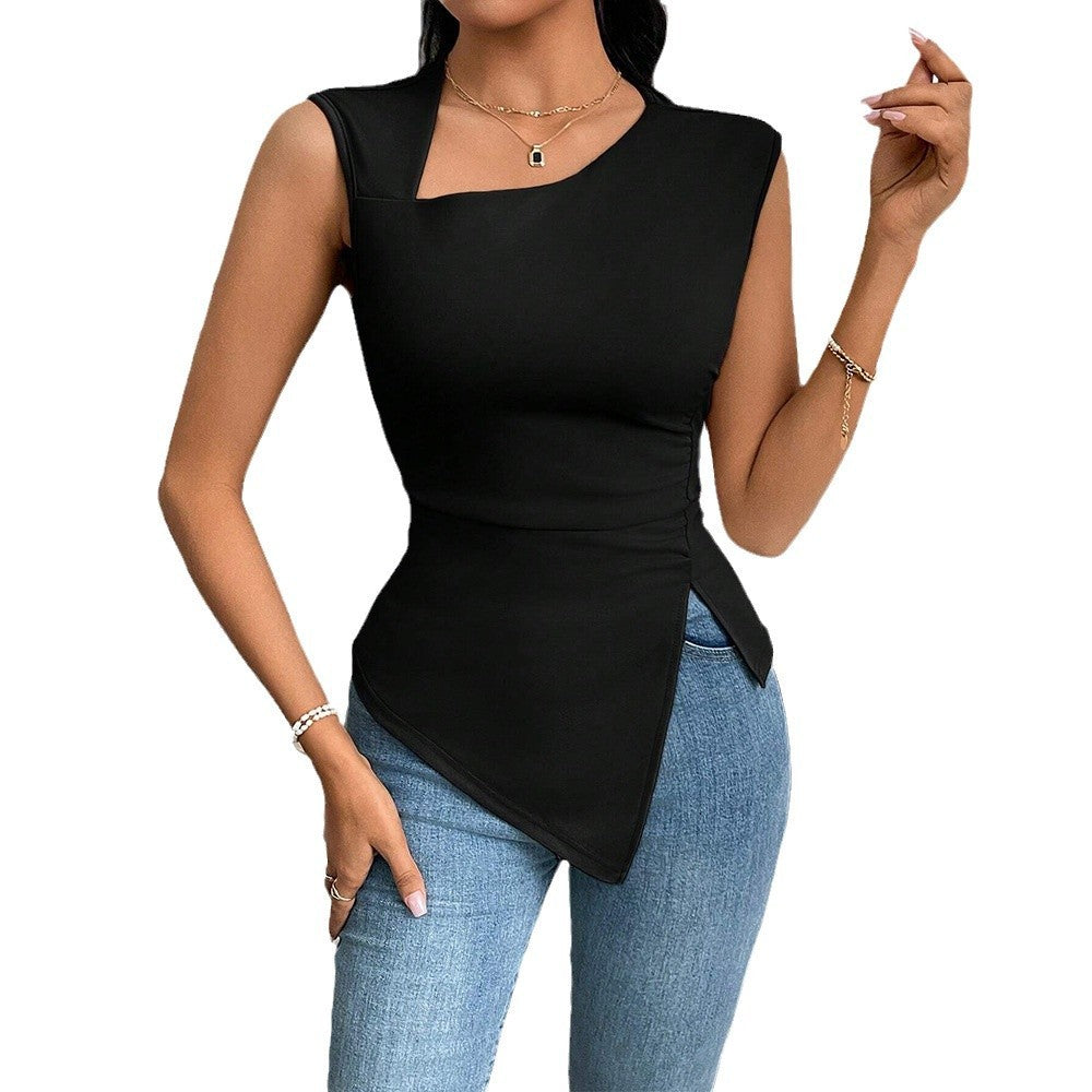 Diagonal Collar Slim-fit Solid Color Short Sleeve