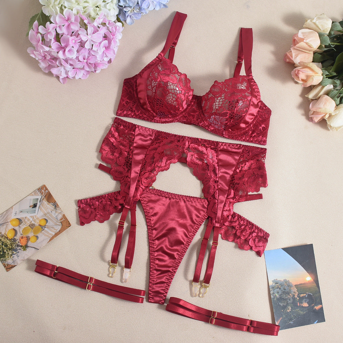 See-through Dress Satin Lace Stitching Bra Sexy Seduction