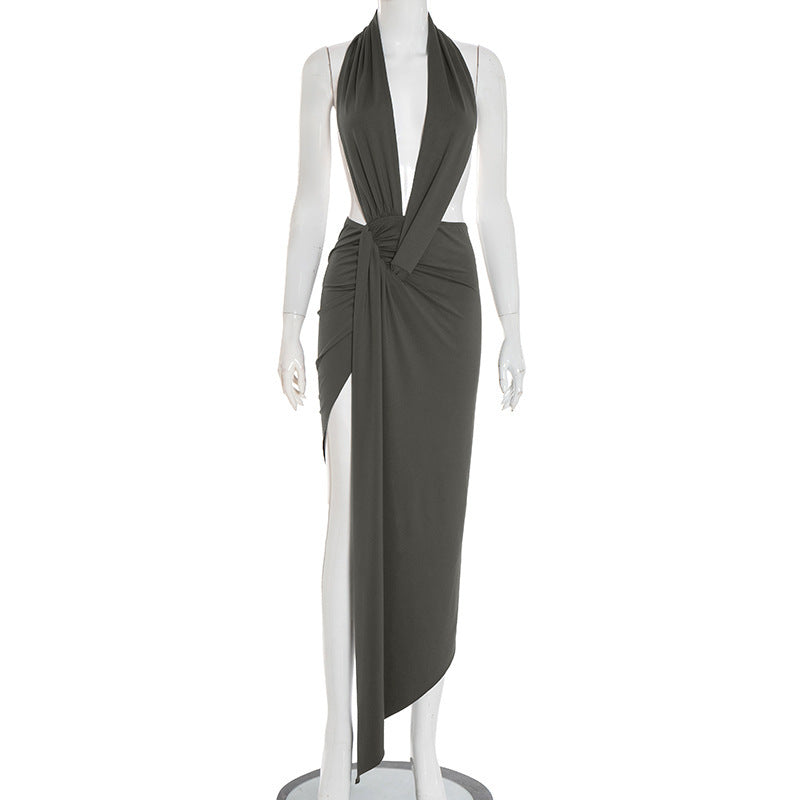 Slim Fit Halter Backless Sleeveless Pleated Fashion Elegant Length Dress