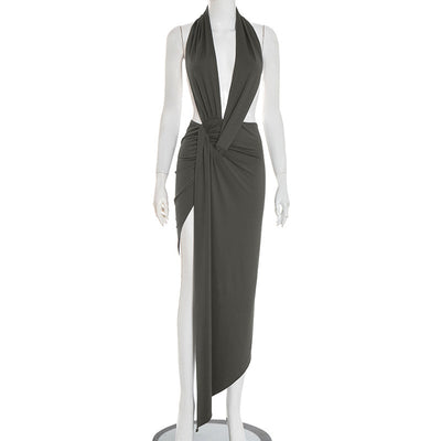 Slim Fit Halter Backless Sleeveless Pleated Fashion Elegant Length Dress