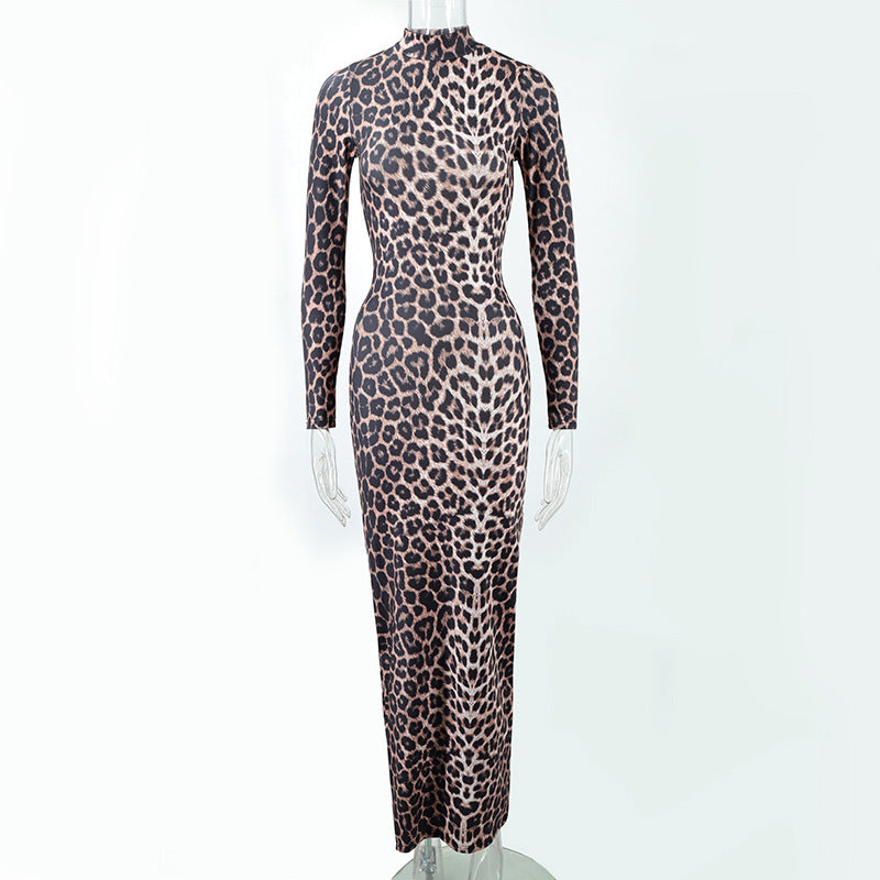 Fashion Leopard Print Stand Collar Long Sleeve Long Dress