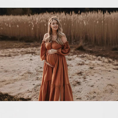 European And American Women's Clothing Split Off-the-shoulder Puff Sleeves Pregnant Women Dress