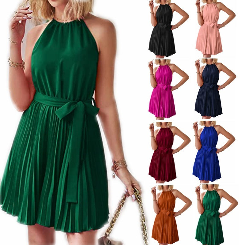 Halter Strapless  Solid Pleated Skirt Summer Beach Sundress