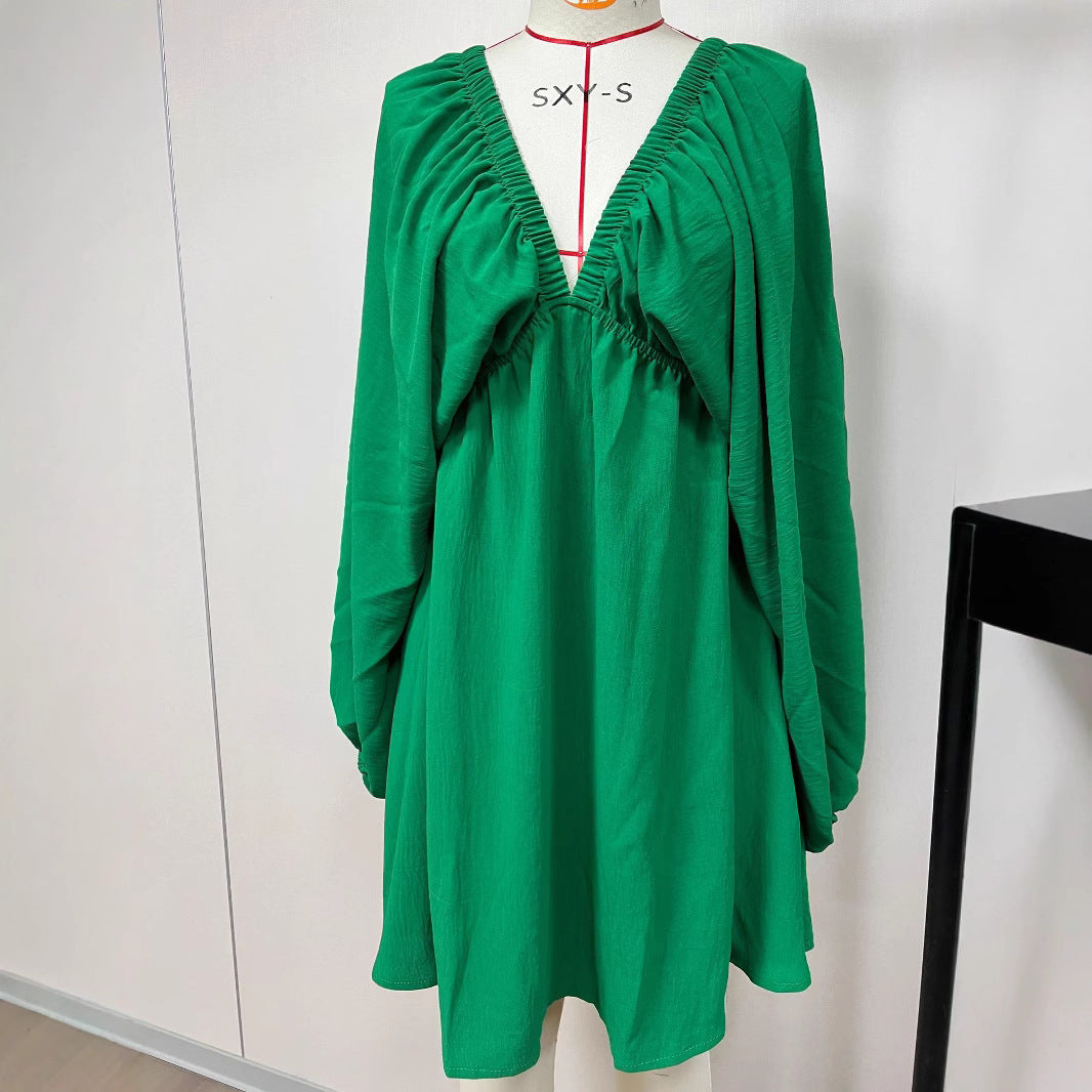 V-neck Long-sleeve Dress Self-designed Puff Sleeve Swing Skirt