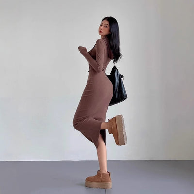 Women's Temperament Sheath Over The Knee Dress Hooded Long Sleeve Underwear Long Dress