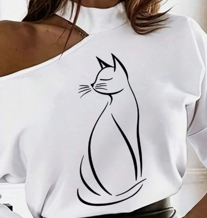 White Long Sleeve T-Shirt With Cartoon Line Pattern & Open Shoulder Design Graphic Tees