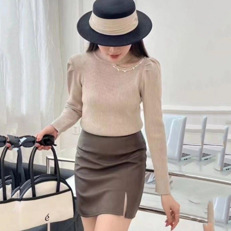 Women's Half Turtleneck Beaded Bottoming Shirt Autumn And Winter High Sense