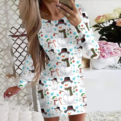 New Christmas Printed Round Neck Long Sleeve Narrow Dress