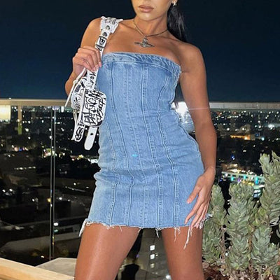 Backless Tube Denim Dress Summer Sexy Y2K Slim Short