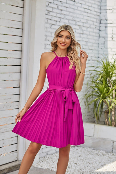 Halter Strapless  Solid Pleated Skirt Summer Beach Sundress