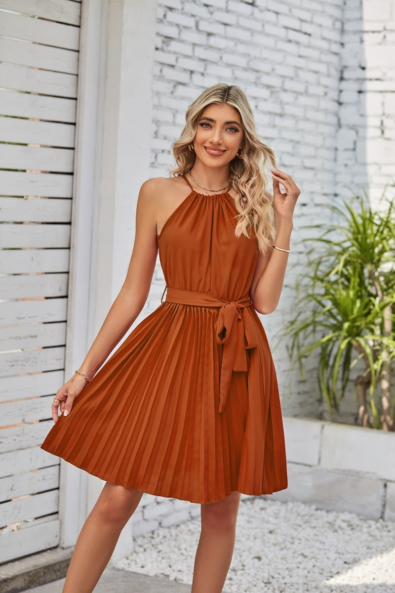 Halter Strapless  Solid Pleated Skirt Summer Beach Sundress