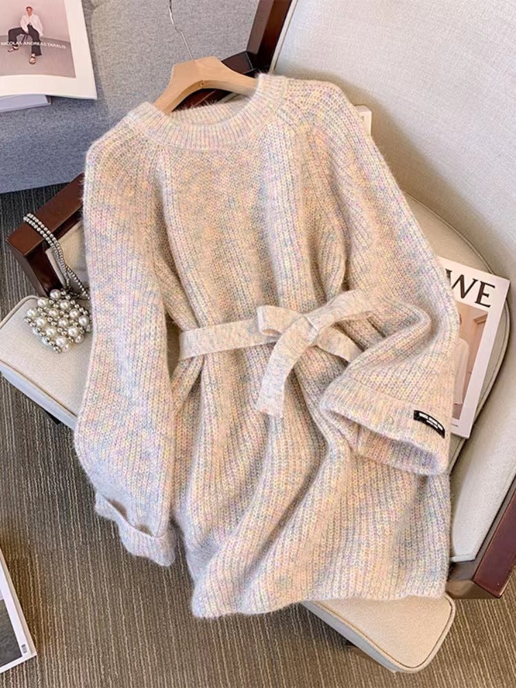 Plus Size Round Neck Sweater Autumn Women Clothing Idle Style Chubby Slimming Mid-length Waist Tight Pullover Sweater