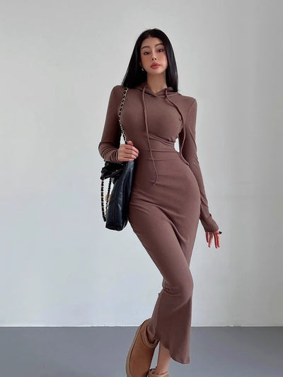 Women's Temperament Sheath Over The Knee Dress Hooded Long Sleeve Underwear Long Dress