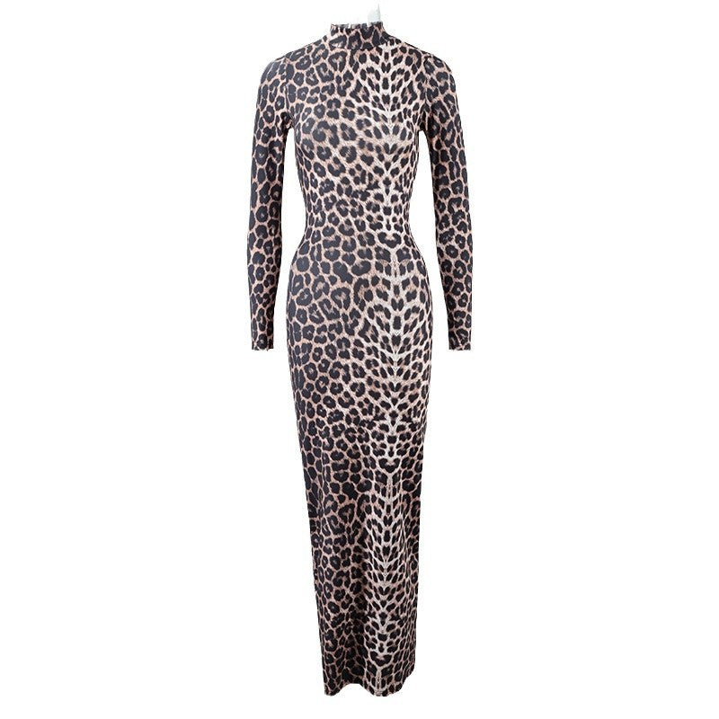 Fashion Leopard Print Stand Collar Long Sleeve Long Dress