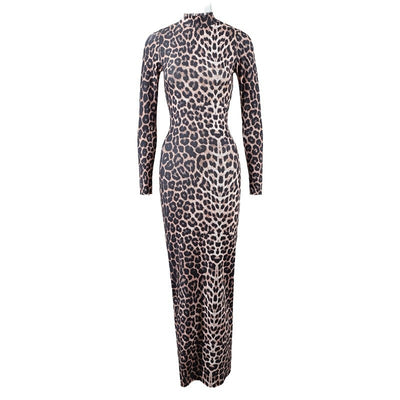 Fashion Leopard Print Stand Collar Long Sleeve Long Dress