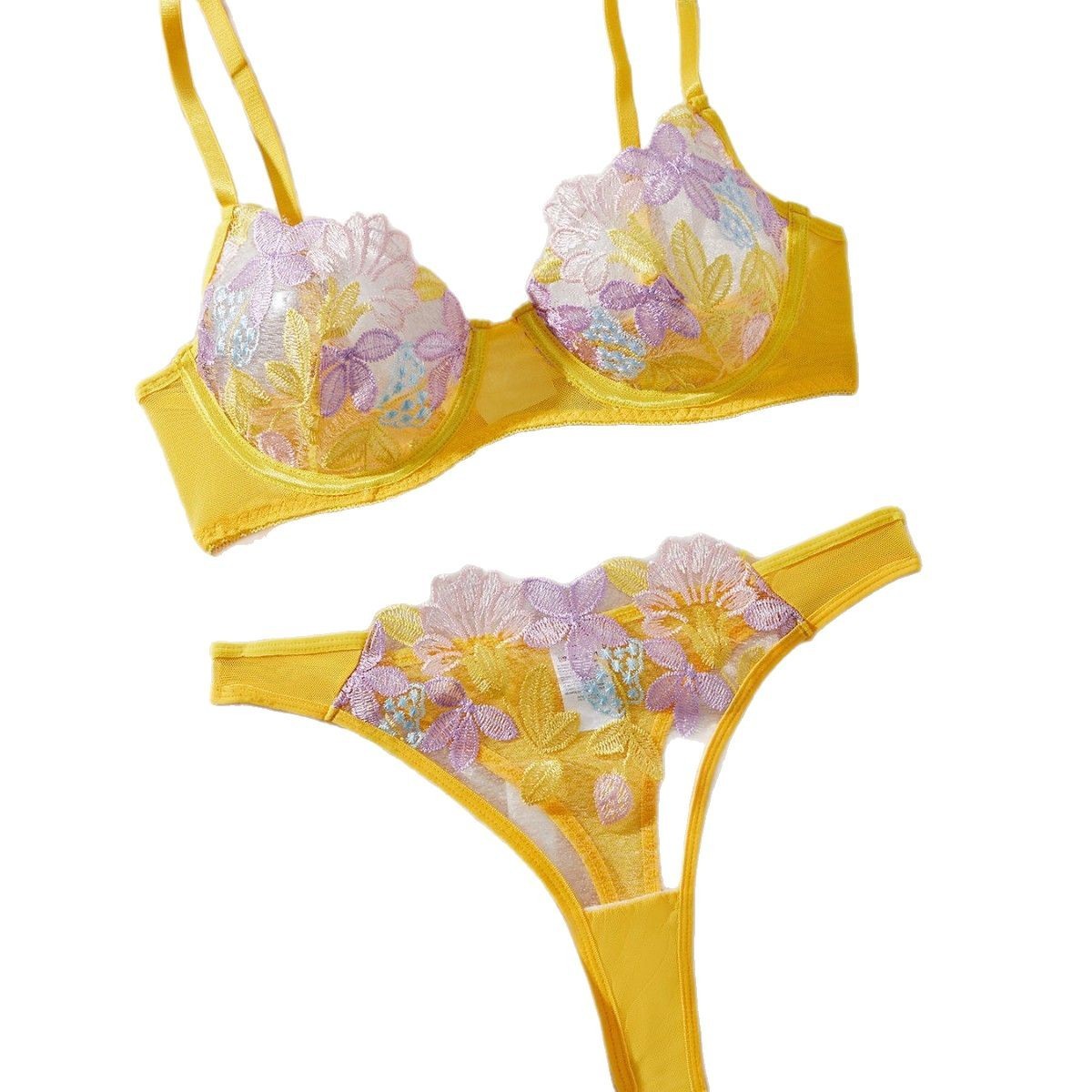 Colorful Flower Bra Set Ultra-thin Non-sponge Push Up Three-point Hollow Women's Underwear