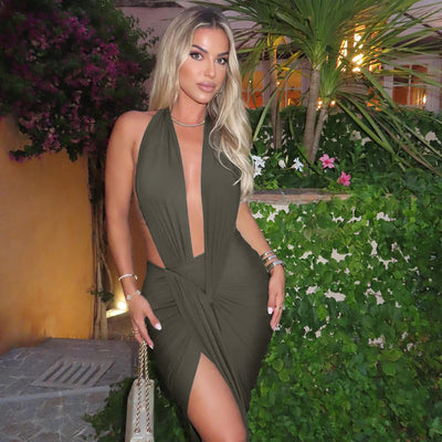 Slim Fit Halter Backless Sleeveless Pleated Fashion Elegant Length Dress