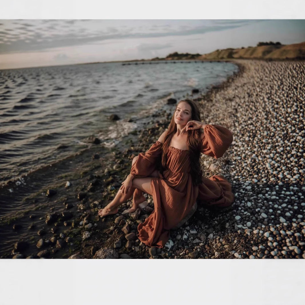 European And American Women's Clothing Split Off-the-shoulder Puff Sleeves Pregnant Women Dress