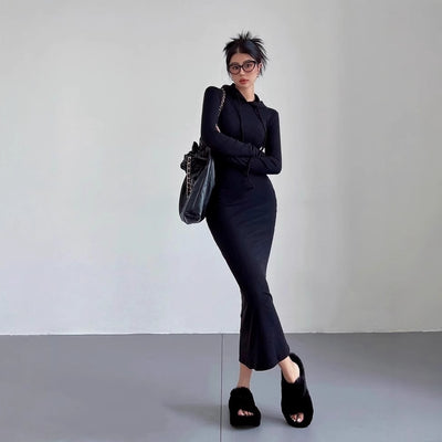 Women's Temperament Sheath Over The Knee Dress Hooded Long Sleeve Underwear Long Dress