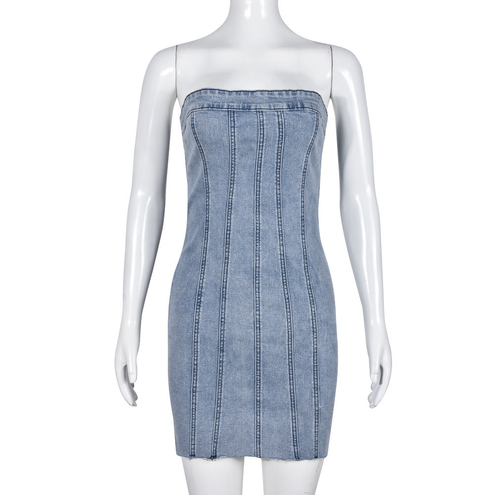 Backless Tube Denim Dress Summer Sexy Y2K Slim Short