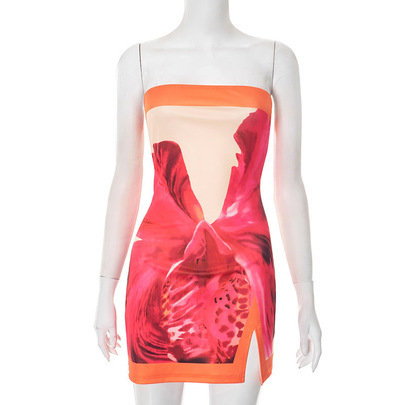Women's Elegant Floral Print Tube Top Slit Sheath Skirt Dress