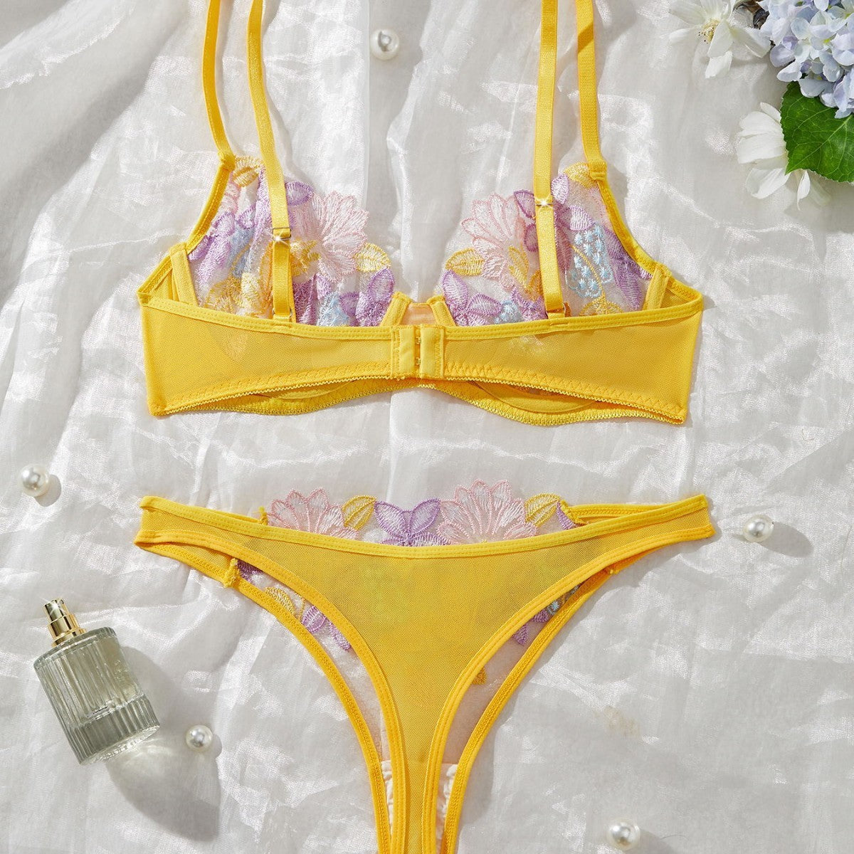 Colorful Flower Bra Set Ultra-thin Non-sponge Push Up Three-point Hollow Women's Underwear