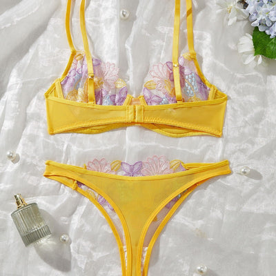 Colorful Flower Bra Set Ultra-thin Non-sponge Push Up Three-point Hollow Women's Underwear